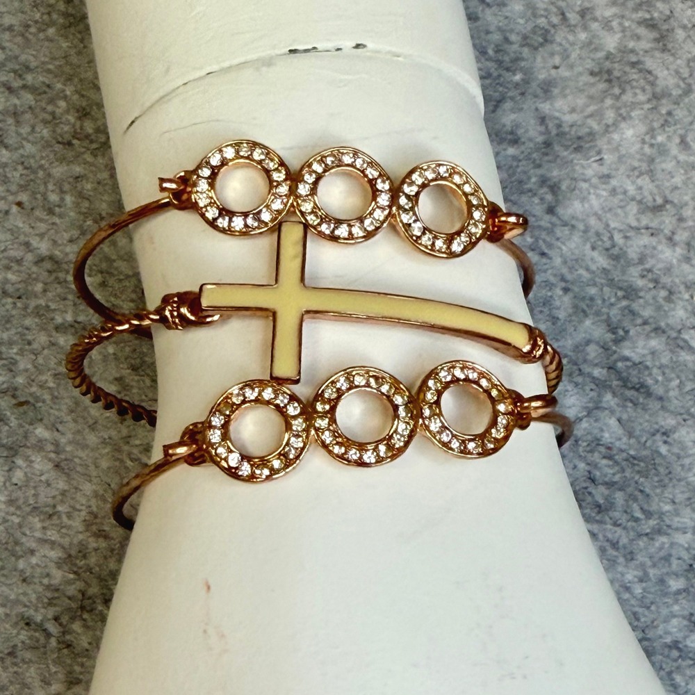 Rose Gold Tone Sideways Cross and Crystal Circle Bangle Bracelet‎ Set 3 Piece
